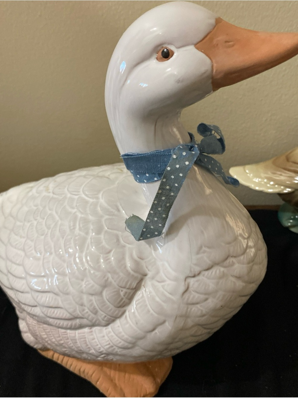 White Ceramic Duck Figurine with Blue Ribbon - Home Accent Decor